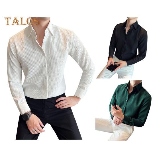 Men Spring Fall Shirt Frence Style Turn-down Collar Slim Fit Waffle Texture Single-breasted Long Sleeves Pure Color Mid Length Young Formal Business