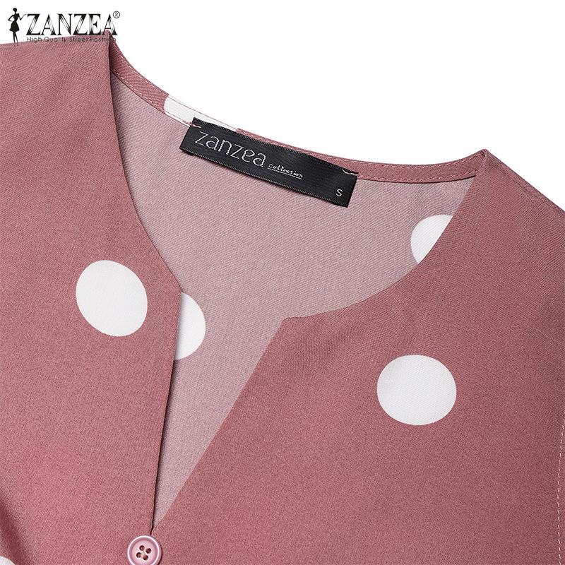 ZANZEA Women Vacation Casual V-Neck Sleeveless Polka Dot A-Line Slit Dress