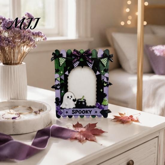 Süßer Cooler Stil Halloween Holz Foto Rahmen, Niedlicher Geist Schmetterling Katze Tischdeko Kürbis Rahmen mit Ständer, Kawaii Bildhalter für Schreibtisch