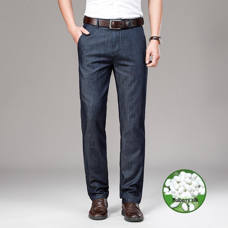 Men's Summer Light High-Waist Ice Silk Jeans - Loose, Elastic, Ultra-Thin, Straight-Fit Trousers