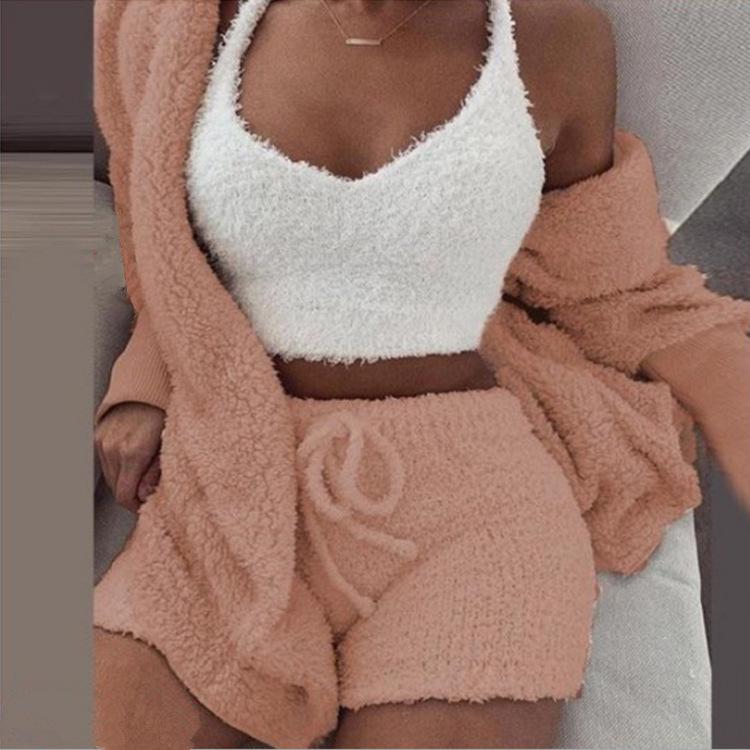 Conjunto de Pijama de Felpa de Invierno para Mujer, Estilo Europeo y Americano, 3 Piezas: Top Corto de Manga Larga, Chaleco y Shorts