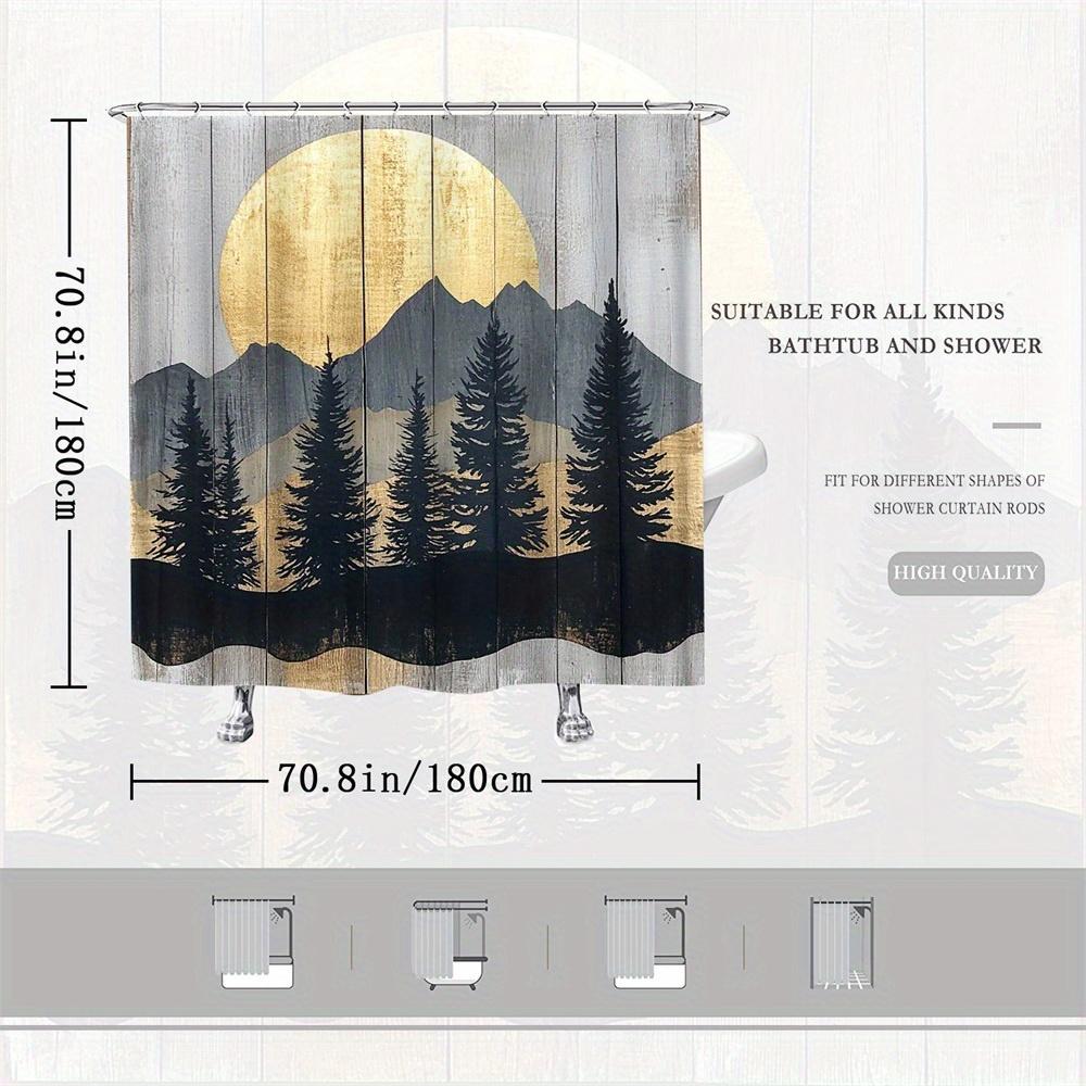 1pc Rustic Mountain Shower Curtain - Minimalist Wood Panel, Golden Leaf Sun, Gray Mountains, Polyester, 70x70In, 12 Hooks