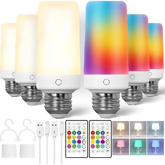 2 Pack Rechargeable Emergency Light Bulb with Remote, Color Changing Battery Powered USB LED Bulbs 12 RGB Color Dimmable E26 120 Volt 9W for Power