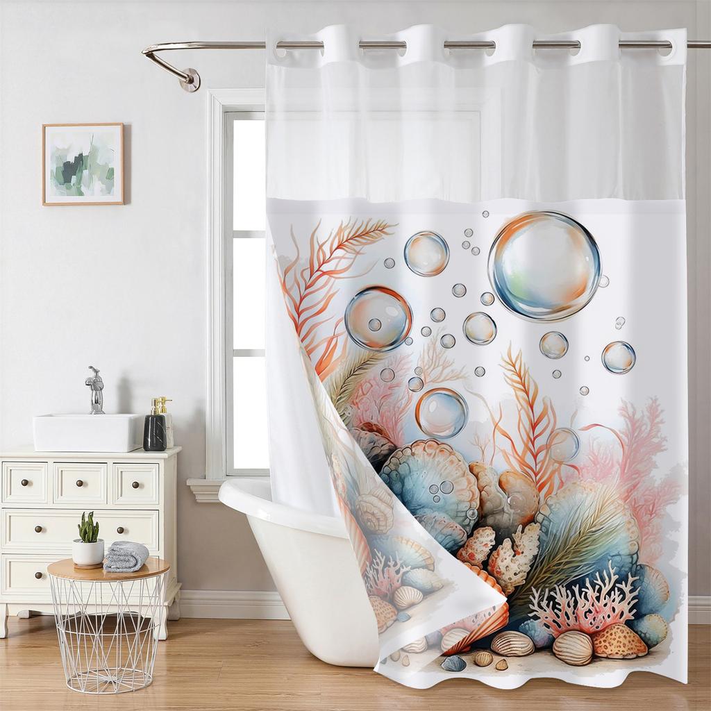 No Hook shells pattern Shower Curtain With Snap-in Fabric Liner, Sheer Top Window, Waterproof Double Layer Bathtub curtain