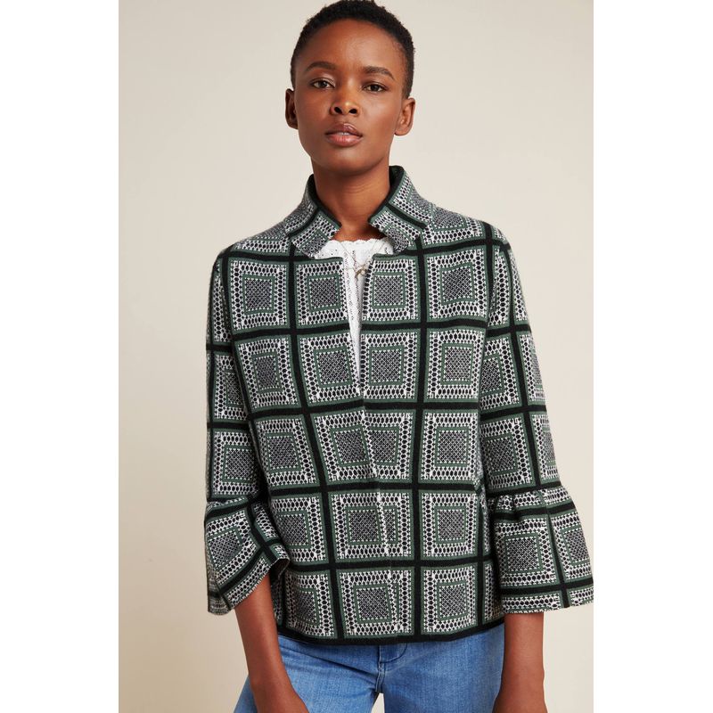 

Anth Retro Fashion Contrast Color Check Jacquard Lapel 7-Point Sleeve Outwear Knitting Women s Cardigan Plaid/Figure S/no label