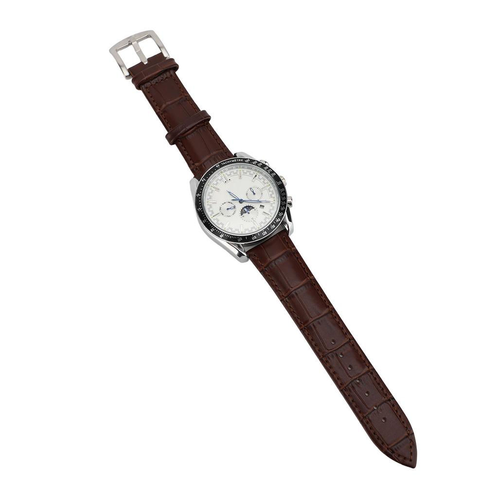 Men Automatic Mechanical Watch Moon Phase 6 Luminous Hands Self Winding Chronograph Display PU Leather Strap Analog