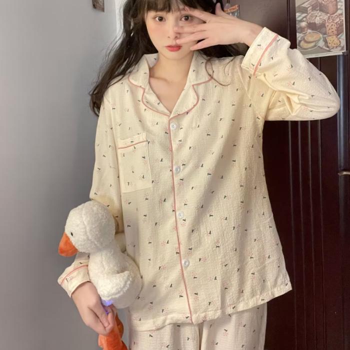 

Женская пижама, новый осенне-весенний комплект с длинными рукавами, мягкая пижама в сетку с рисунком, женская домашняя ночная одежда, комплект кардиган XXL