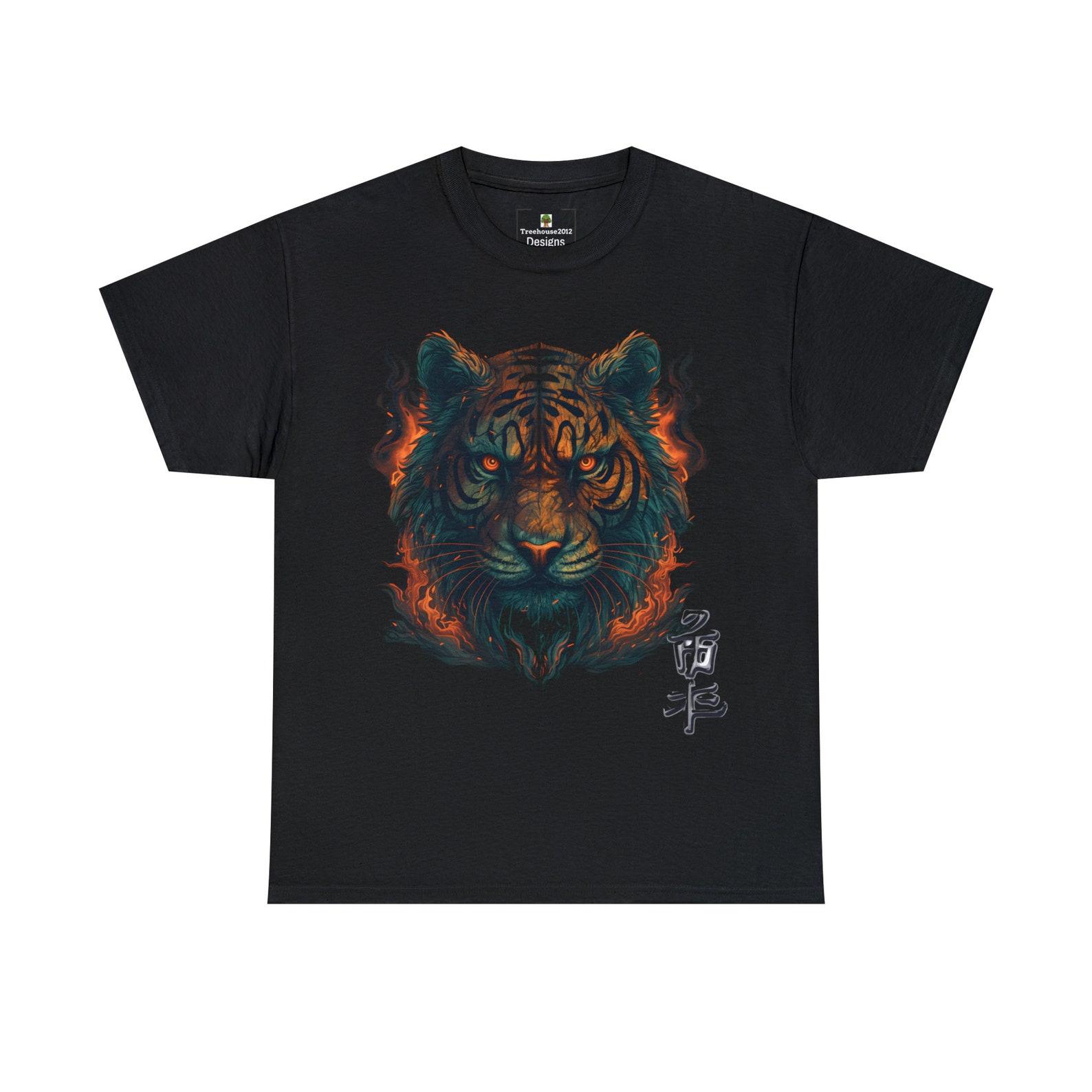 Flaming Tiger Graphic T-Shirt: Japanese Typography Design 3XL