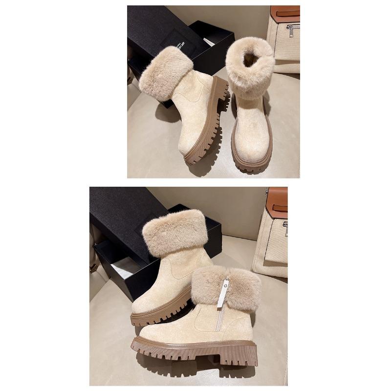 Bottes de neige à bouche poilue pour femmes, tube court, semelle épaisse, bout rond, fermeture éclair latérale et chaussures en coton chaud en peluche