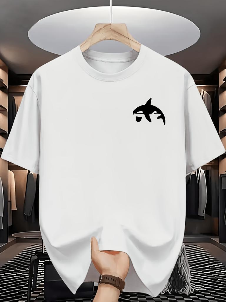 Men's Orca Print T-Shirt - Summer Short Sleeve Round Neck Casual Shirt with Marine-Themed