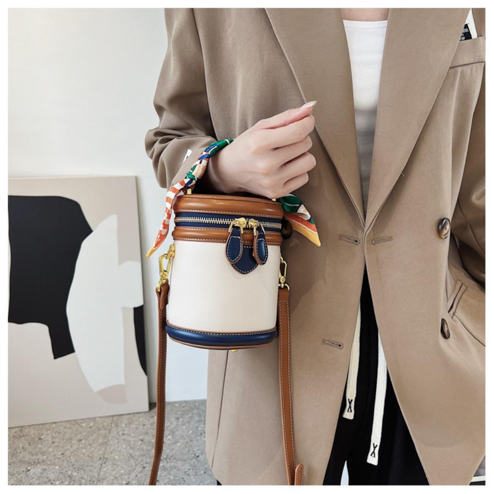 Exquisite PU Leather Bucket Bag Women New Cylinder Portable Hand Bag Large Capacity Shoulder Crossbody Bag for Travel Shopping