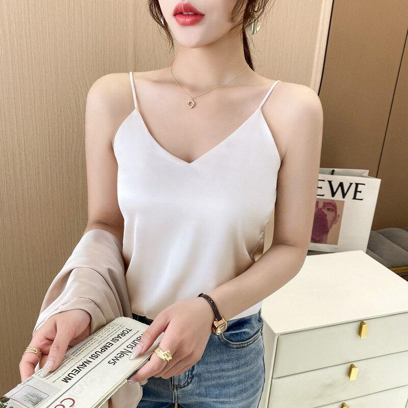 

Повседневная свободная майка без рукавов, женские летние однотонные шелковые атласные топы с v-образным вырезом, мода 2023, сексуальные майки с v-образным вырезом, элегантный жилет 25450 M розовый