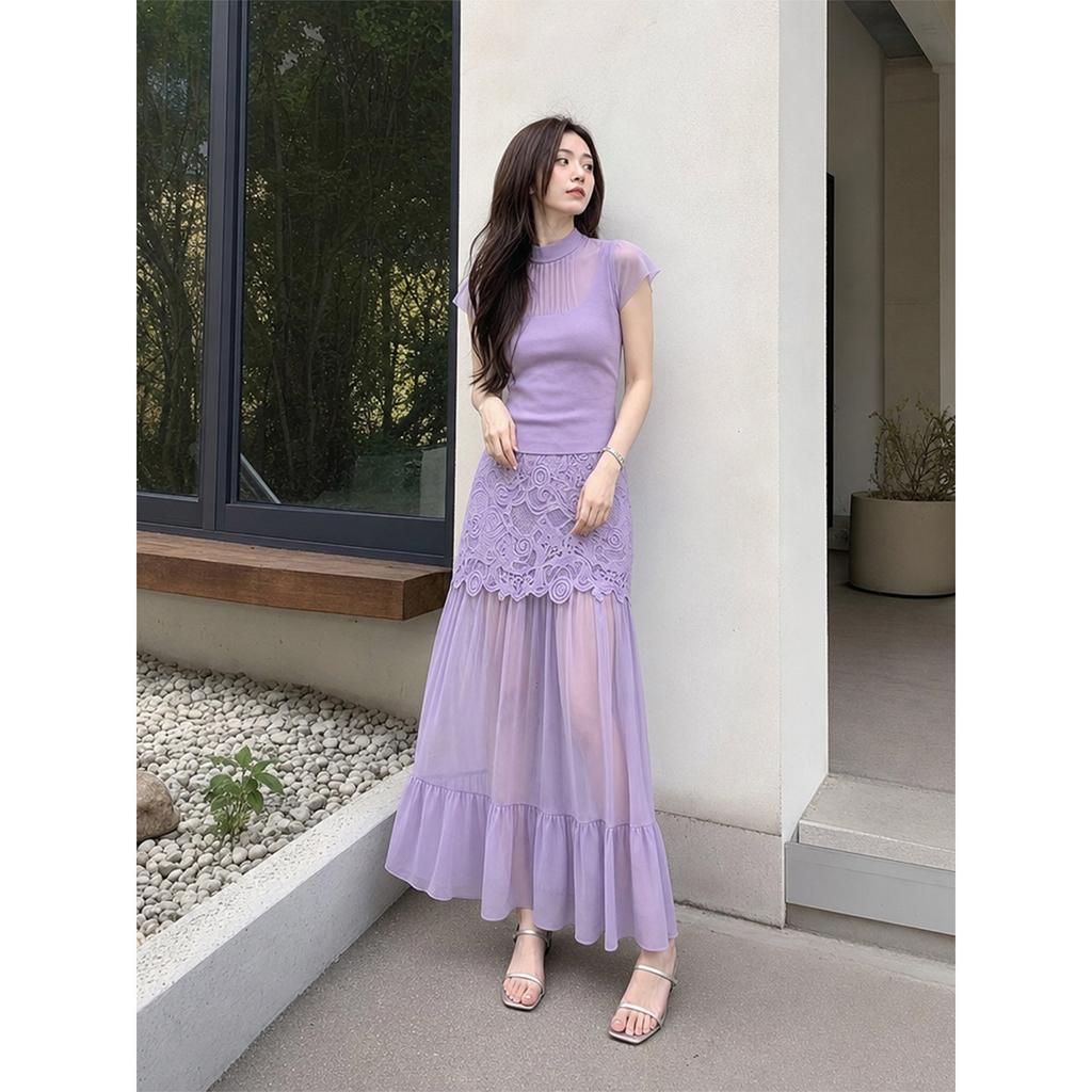 Korean gentle style lace top with long skirt two-piece set women's summer dress new high temperament Muse fan set