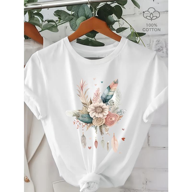

European Size Women S Floral Print Short Sleeve T-Shirt | Casual Black Tee with Vibrant Flower & Design, Perfect for Spring/Summer, Casual Attire Tee 4XL білий
