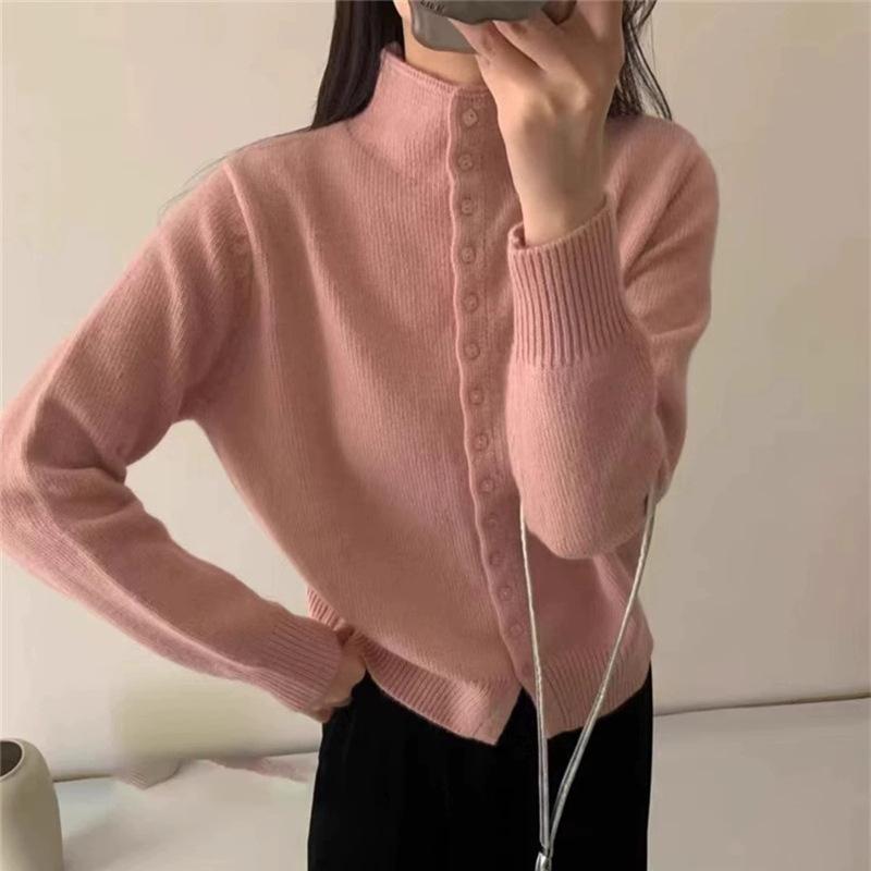Autumn and winter new semi-turtleneck button soft waxy knitted cardigan women's outer with solid color long-sleeved sweater jacket