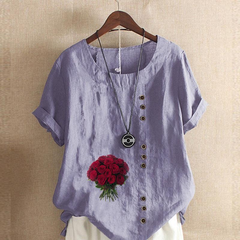 Women's Fashion Rose Prined Round Neck Short Sleeve T-shirt Casual Cotton Linen Graphic Shirt Leisure Loose Summer Blouse Tops