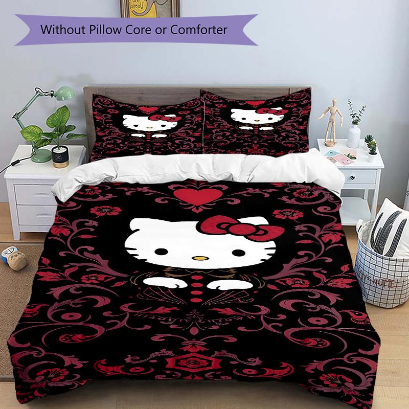 3pcs Darkly Romantic Floral Hello Kitty Quilt Cover Set (1 Quilt Cover + 2 Pillowcases Without Pillow Core), High-Definition Printing for Home an