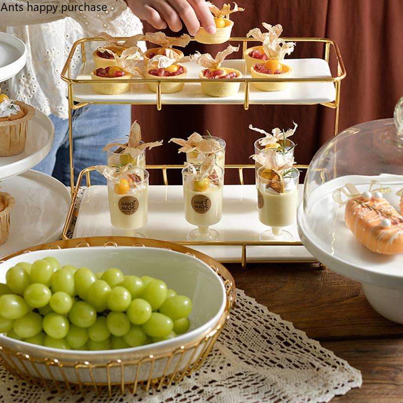 Wrought Iron Ceramic Plate Cake Pan Display Stand Dessert Plate Cake Pan Fruit Plates Decorative Frame Snack Tray Salad Bowl