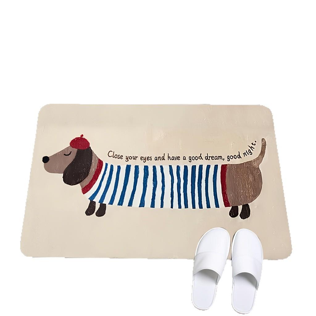 Cartoon Dachshund Flannel Floor Mat: Dirt-Resistant, Water-Absorbent, Non-Slip Bedside Rug, Easy-to-Clean.