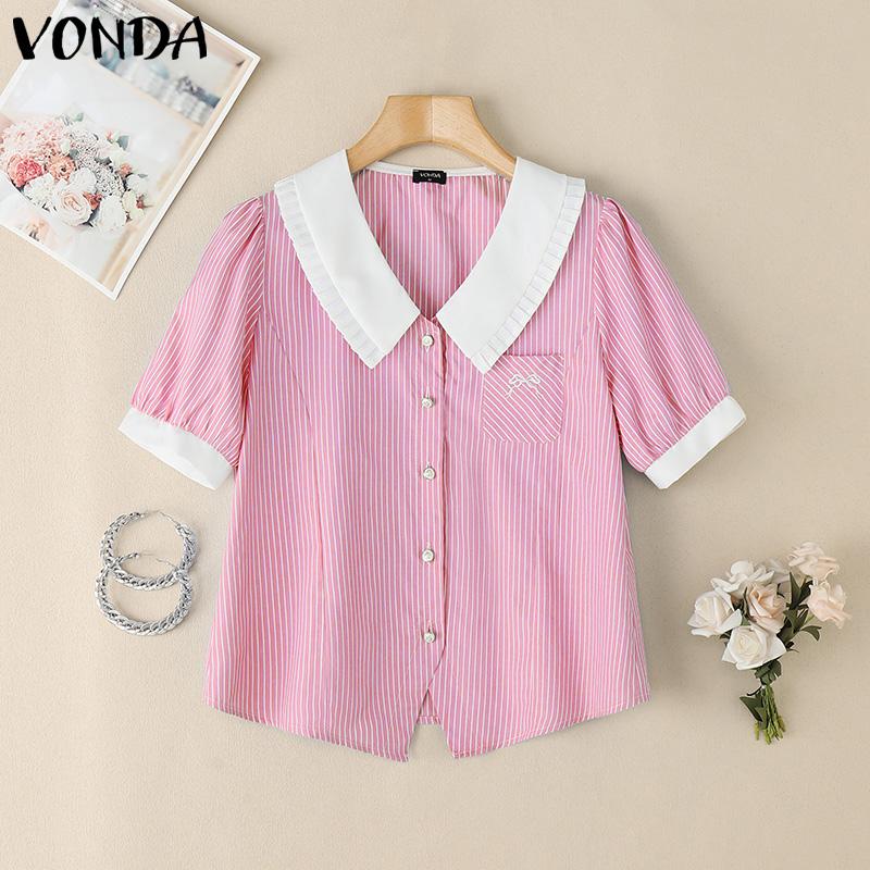 VONDA Women Lapel Short Sleeve Patchwork Striped Print Buttons Casual Blouse