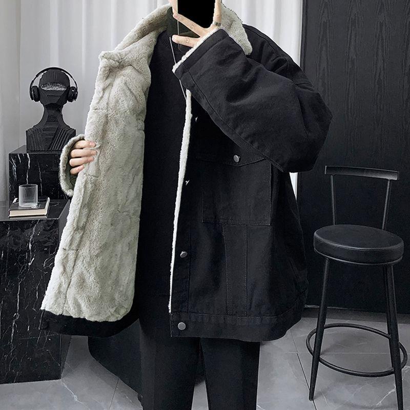Men's Winter Lambswool Denim Jacket - Trendy American Style, Thickened with Velvet for Warmth, Hong Kong Inspired Fashion.