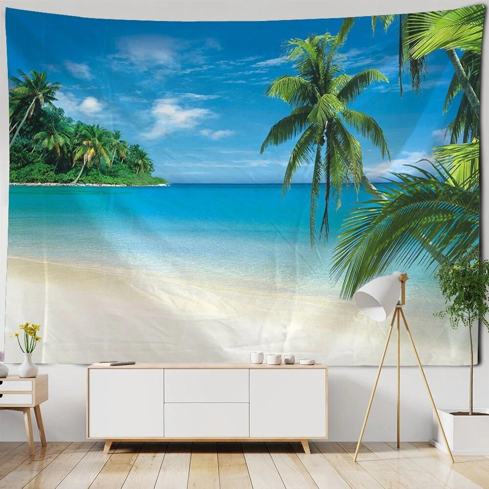 

Гобелен с видом на море и кокосовой пальмой, настенный подвесной богемный декор для комнаты, хиппи, психоделический, эстетический, домашний интерьер 100x75cm
