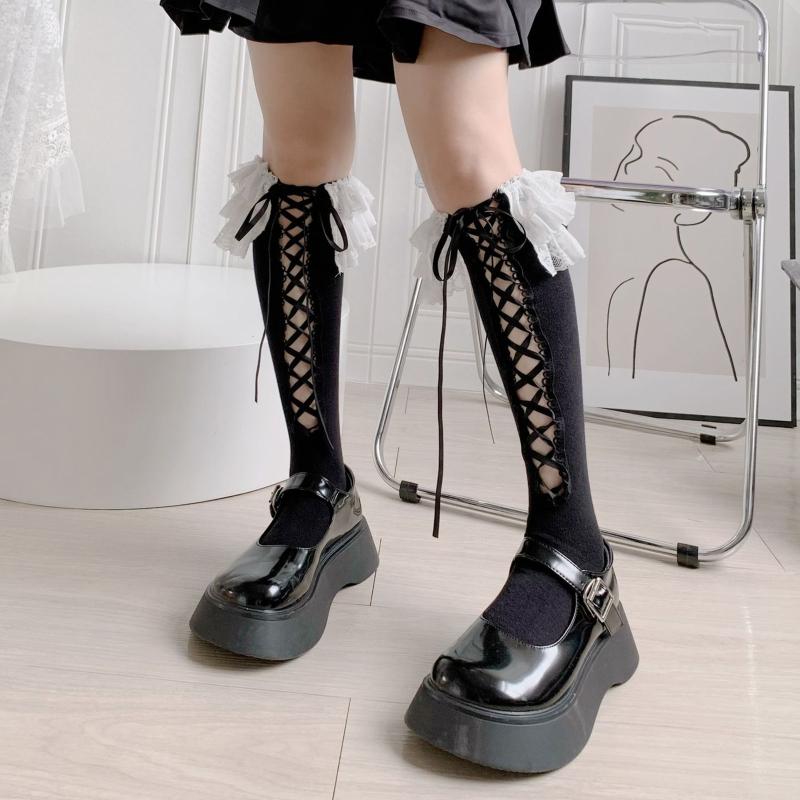 Sweet Lolita Socks Women's Calf Socks Black White Knee High Socks Tie Up Cotton Socks Lace Trim Princess Socks for Party
