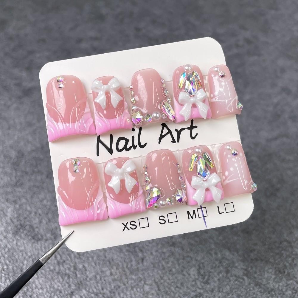 Simple Pink Color Press on Nails Short Length White French Tip False Nails Handmade Rhinestones Design Duckbill Nails Nail Tips