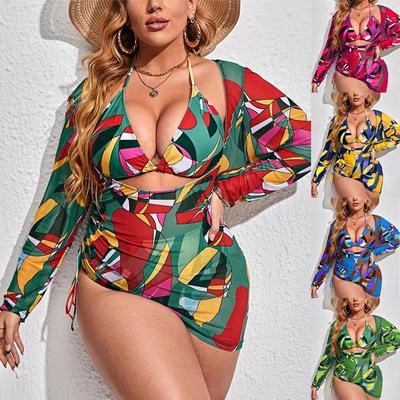 Plus Size Swimsuit Women's Split Three Piece Long Sleeve Cover Shirt Net Red Drawstring Bikini Sets