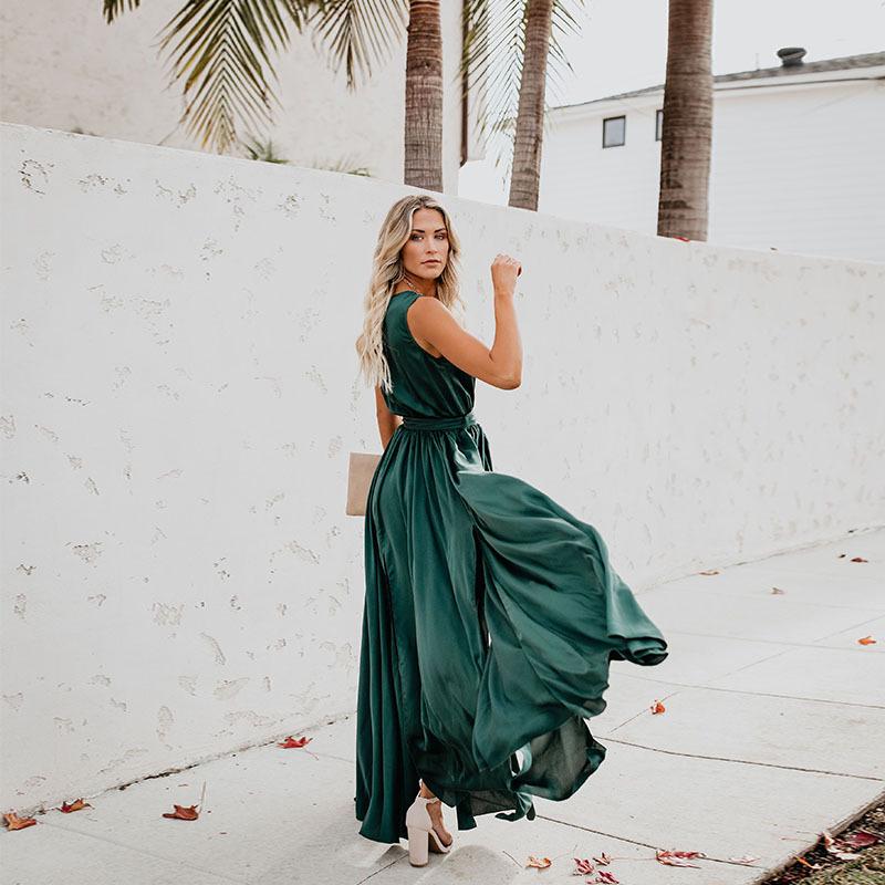 2026 Women s Plus Size Bohemian V-Neck Sleeveless High Slit Long Dress S зелёный