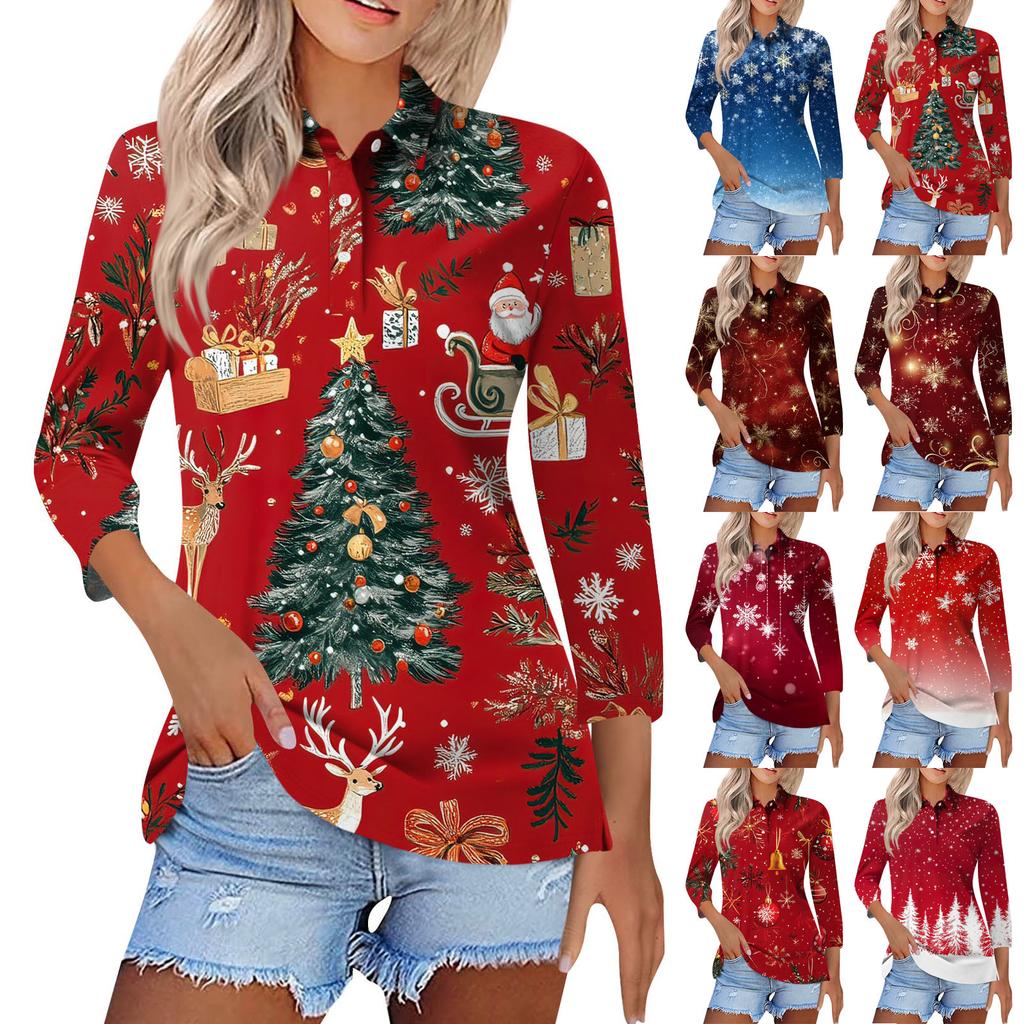 Mote dame casual revers kort 3/4 ermet juleprint skjorte dame knapp opp topper