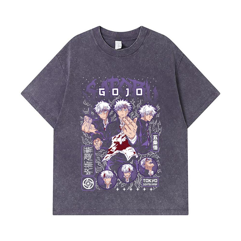275 GSM Washed T-shirts 100% Cotton Jujutsu Kaisen V24 Gojo Print Unisex Heavy Cotton T Shirt