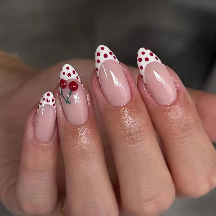 24Pcs Short Almond Press On Nails Autumn Winter Wine Red Wave Dot Cherry Blue French Tip False Nails