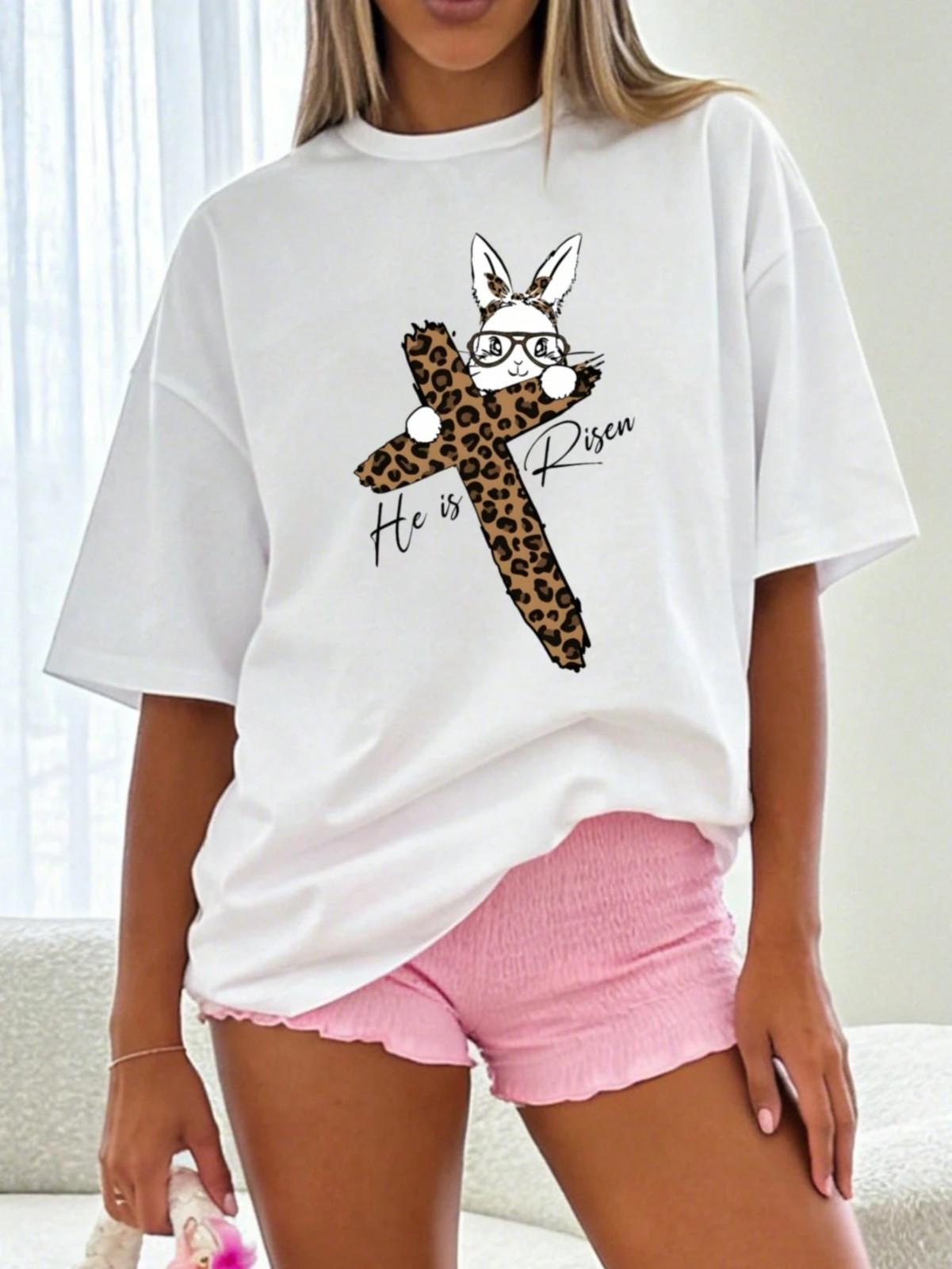 Easter Cross Shirt Leopard Print Bunny T-Shirt He Is Risen Christian Tee M