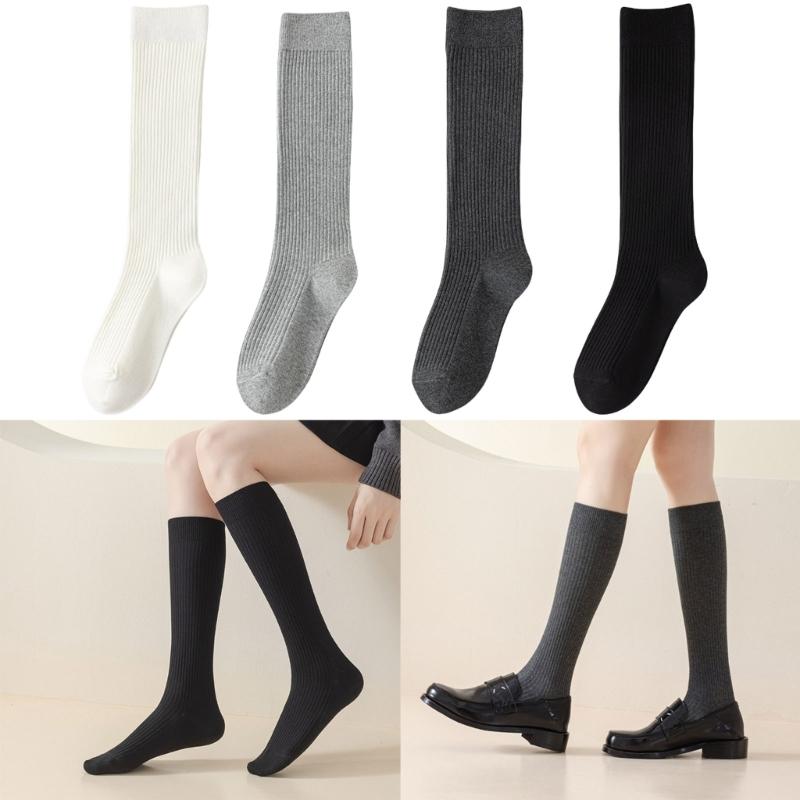 5 Pairs Women Rib Knitted Cotton Over The Calf Socks with Thick Double Stitching Classical Solid Color Knee Length Socks