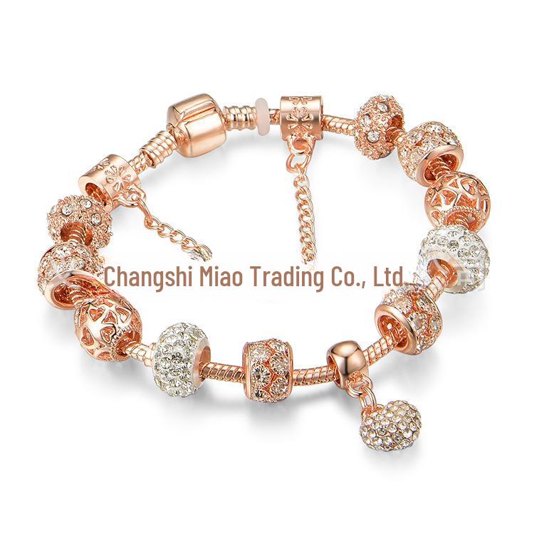 New Panjia Style Gold-Plated Beaded Bracelet with Full Diamond Love Design