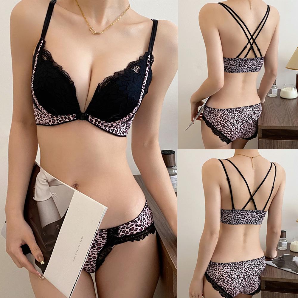 Leopard Print Front Button Bra Women's Beautiful Back Bra Women's Gathering and Adjustment Type Breast Collection Breathable Lace Bra