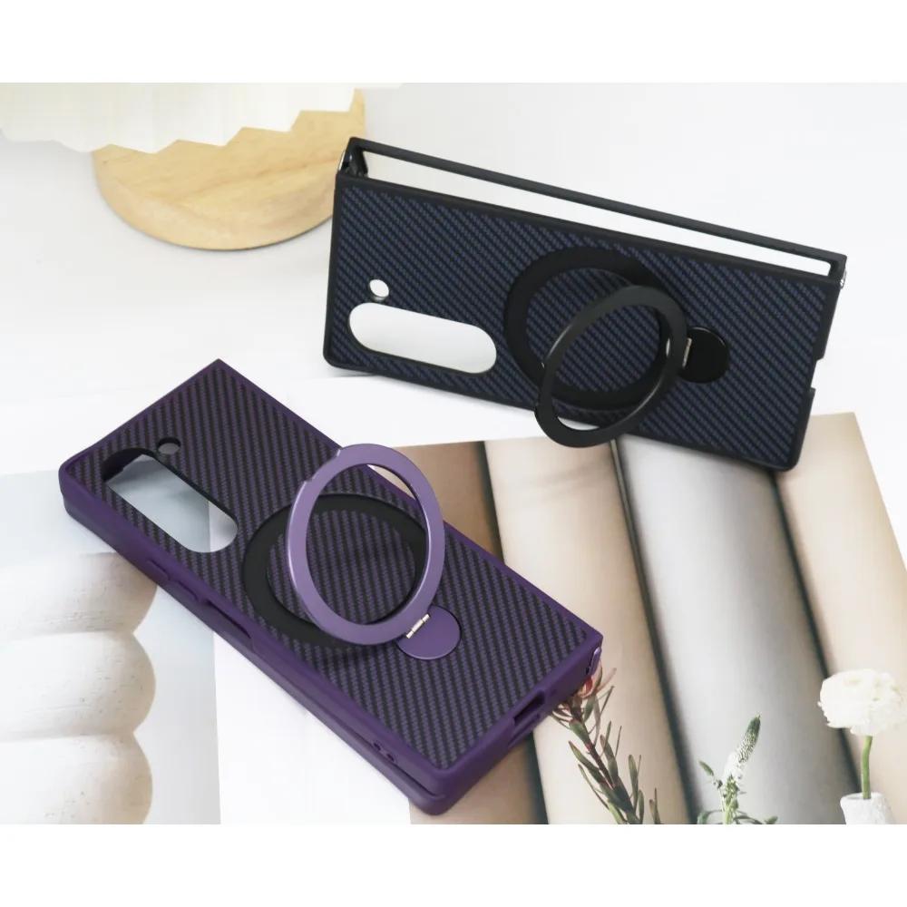 Shockproof Rotating Holder Carbon Fiber Leather Phone Case for Samsung Galaxy Z Fold 6 5 4 Fold6 Fold5 Fold4 5G Bracket Cover