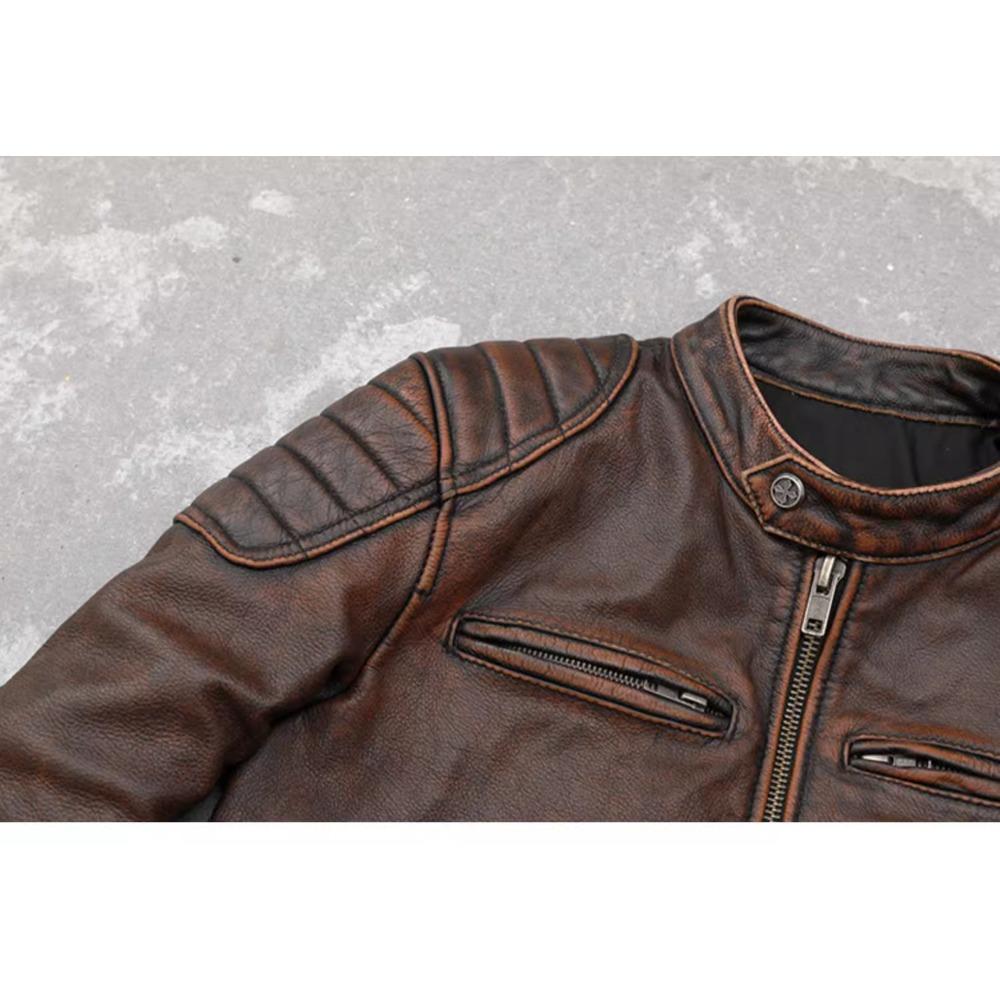 Chinese Size Vintage Red Brown Real Cowhide Genuine Leather Jacket Men Motorcycle Coat Mens Biker Clothes Spring Autumn
