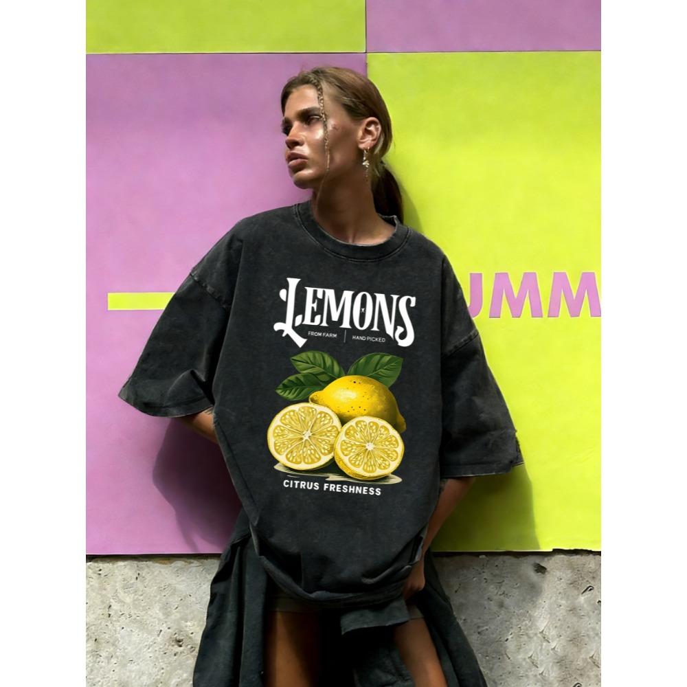 

Lemons Hand Picked Fresh From Farm Print Washed T-Shirt Women Summer Casual T Shirts Cotton Y2K Streetwear Loose Tops 3XL