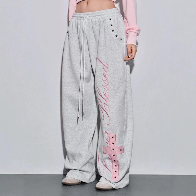 Y2K Cross Rivet Embroidered Sweatpants Women Loose Straight Leg Casual Track Pants