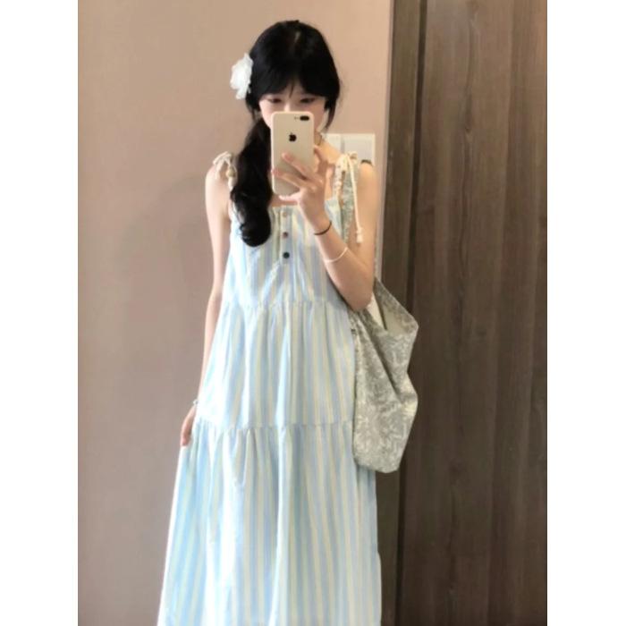 Holiday style striped suspender dress women s summer new French temperament loose small fresh blue dress S