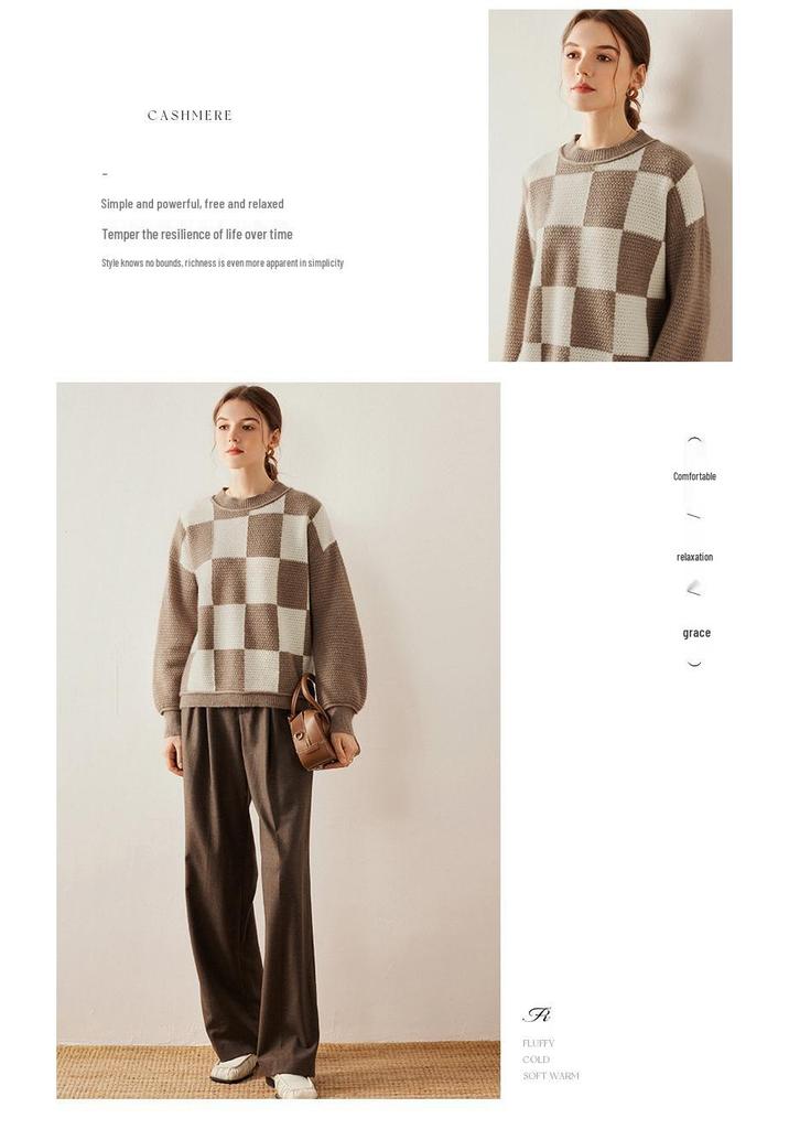 Women's Color-Block Cashmere Sweater: Round Neck, Drop Shoulder Pullover for Autumn/Winter - Thick, Loose, Casual Knitwear
