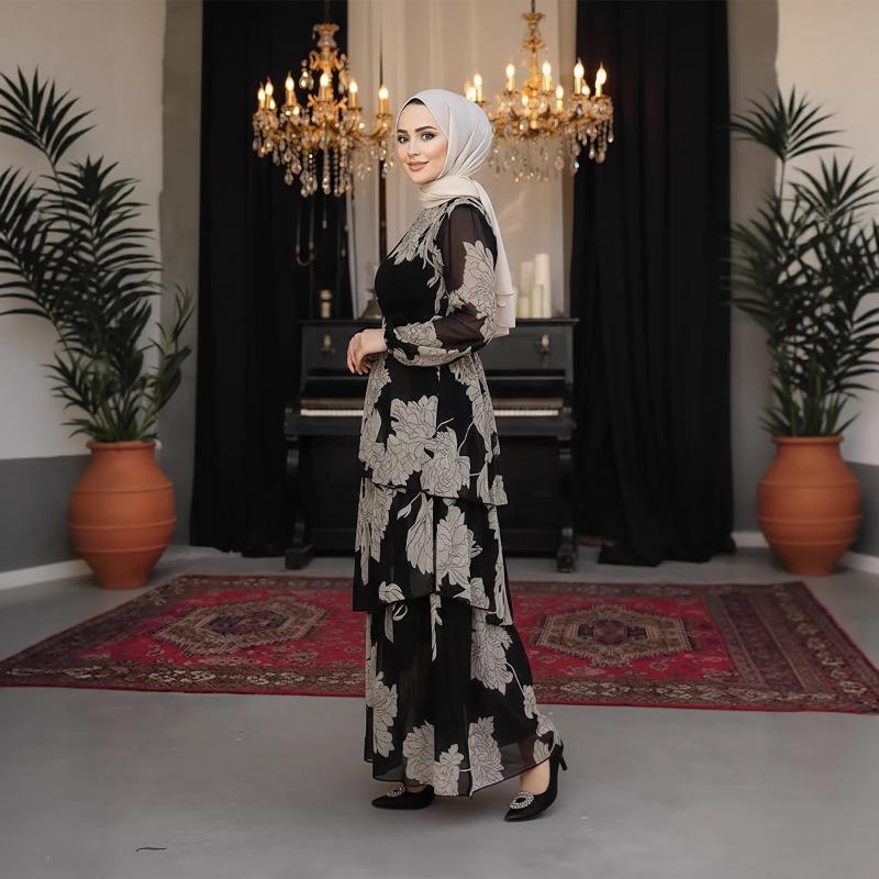 Large Size Women's Evening Dress Turkish Dress Printed Splicing Cake Dress Chiffon Dress