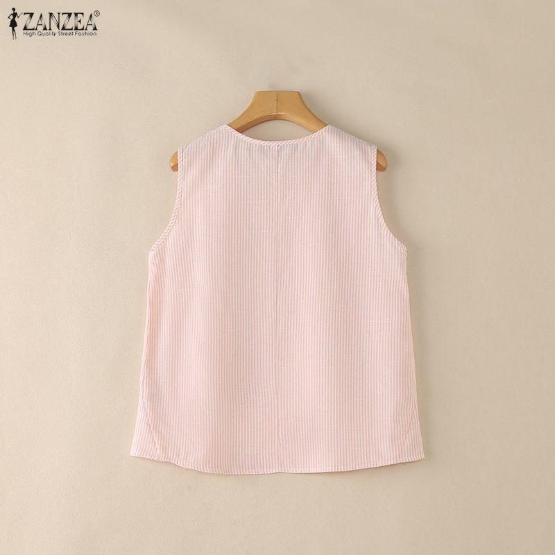 ZANZEA Women Casual Round Neck Loose Sleeveless Stripe Tank Tops