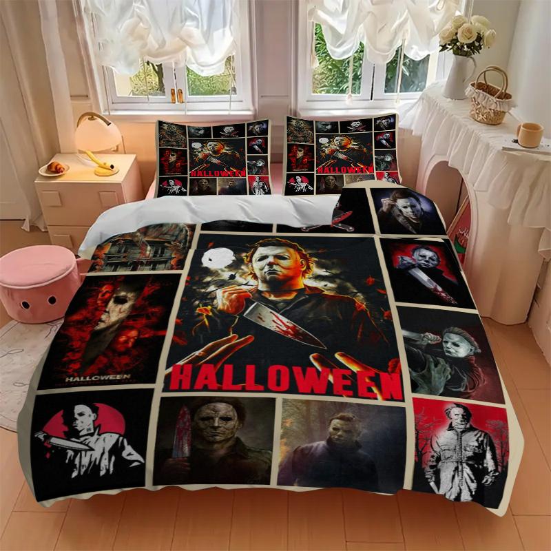 3Pcs Halloween Horror Icons Bedding Set Soft Fabric Duvet Cover Pillowcases Christmas Xmas Halloween Gift 1 Duvet Cover 2 Pillowcase L1435