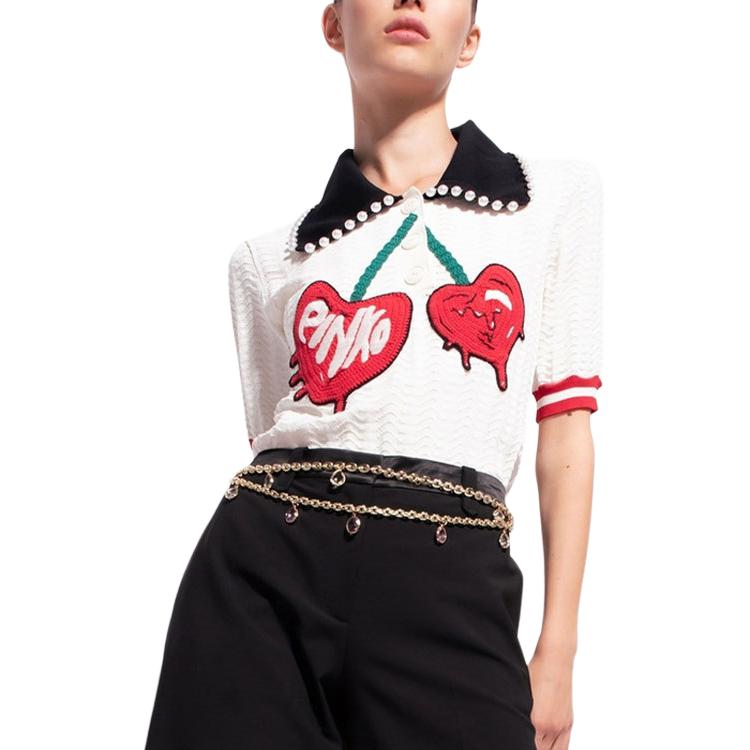 PINKO Cherry Embroidered Knitted Short Sleeve Polo Shirt Women tops White 100903-A0KU-Z6R