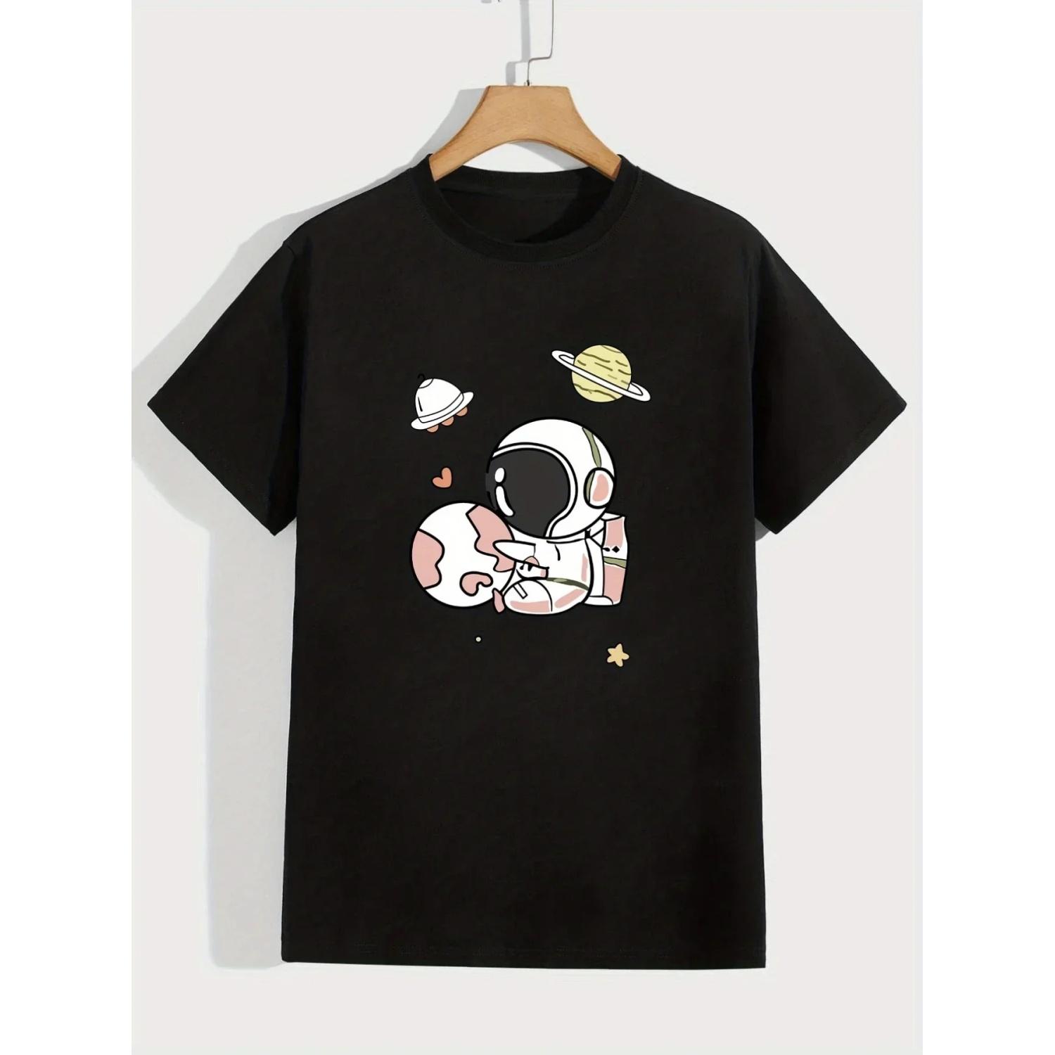 

Astronaut printed T-shirt summer round women s short sleeved T casual clothing women s clothing XXXXXL різнокольоровий