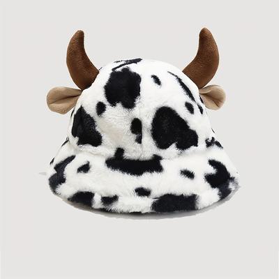 Adorable Trendy Classic Bucket Hat For Autumn & Winter, Horns & Cow Print Pattern Warm Fisherman Hat