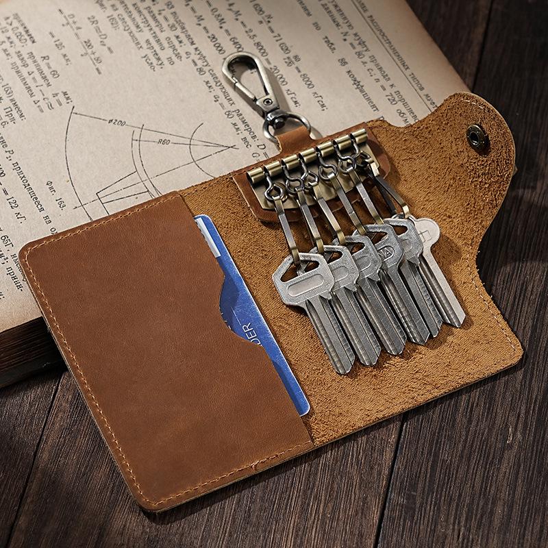 Retro Crazy Horse Leather Key Holder - Men's Genuine Leather Waist Pouch, Access Card Key Cover, Home Key Storage Bag.